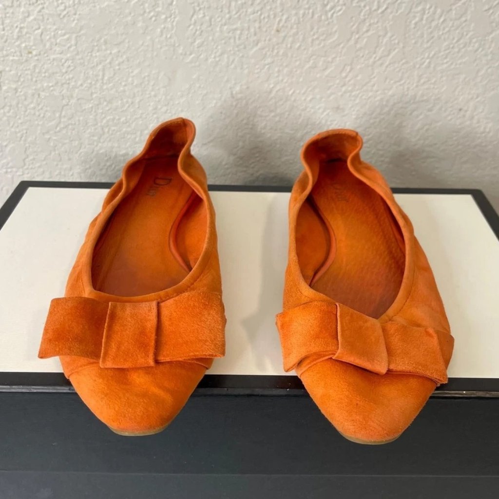 Christian Dior Ballet Flats Orange Suede Bow Ribbon Women's Size 39 Eu/9 Us
